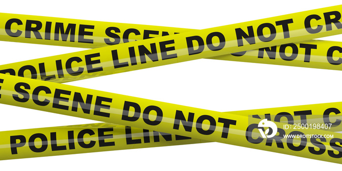 Crime scene, police line. Warning yellow tape isolated cutout against white background. 3d illustration