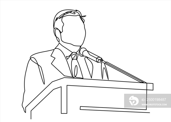 Business conference, business meeting. Man at rostrum in front of audience. Public speaker giving a talk at conference hall- continuous line drawing