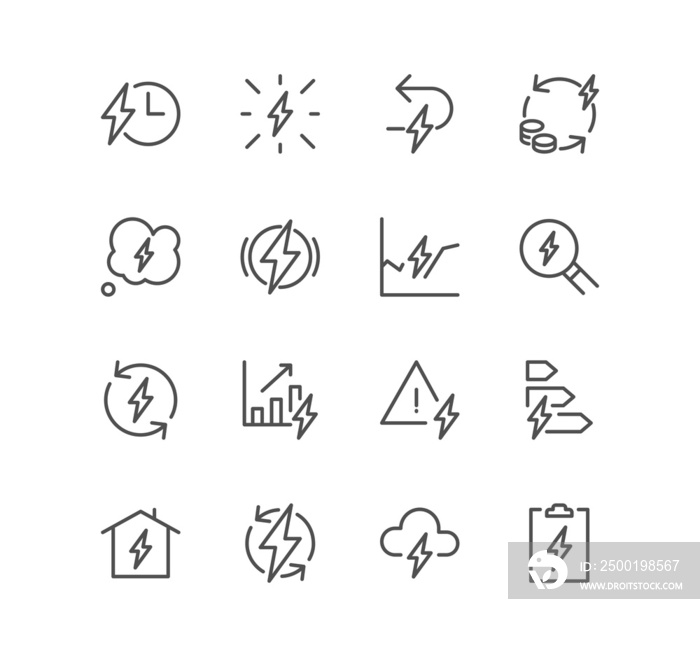 Set of energy related icons, energy costs, eco friendly power and linear variety symbols.