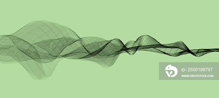 Illustration of green abstract wireframe sound waves, visualization of frequency signals audio wavelengths, conceptual futuristic technology waveform background with copy space for text