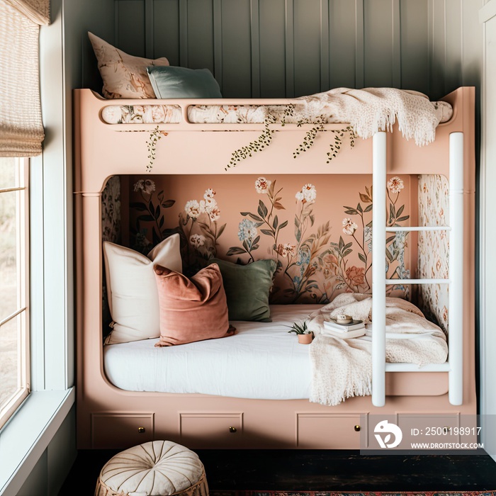 a cozy, boho bunk bed with boho blush pink florals AI assisted finalized in Photoshop by me