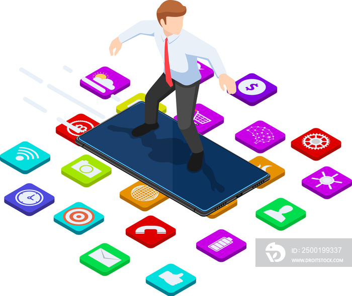 Isometric businessman use smartphone to surfing on the mobile application