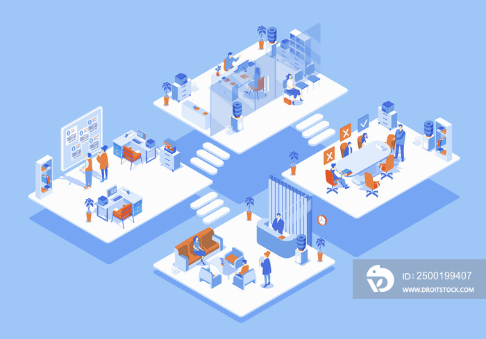 HR agency concept 3d isometric web scene with infographic. People wait at reception, managers working at office, recruitment and job interview in room. Illustration in isometry graphic design