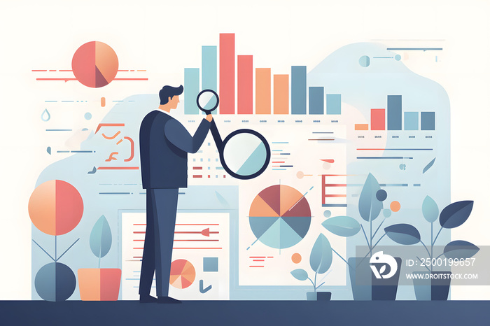 businessman analyzing business Enterprise data management, business analytics with charts, metrics and KPIs to improve organizational performance, marketing, financial organization Illustration.