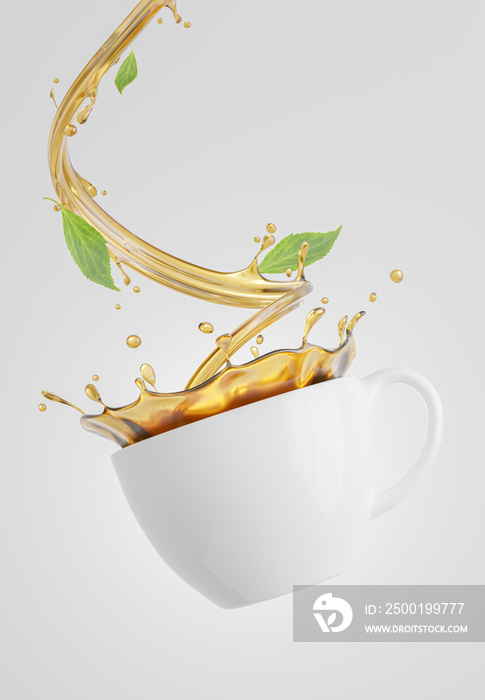 3d render of realistics tea leaf extract with tea splash