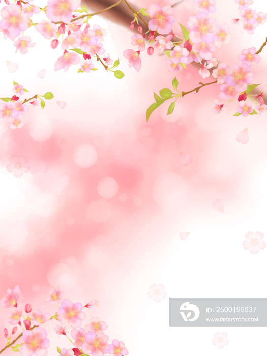 桜の枝と桜舞うピンクの背景フレーム（縦）