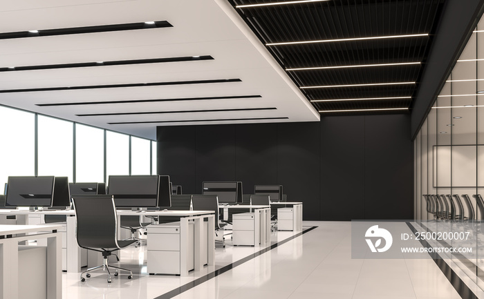 现代黑白办公3d渲染，有白色地板、黑钢和白色油漆天花板，T