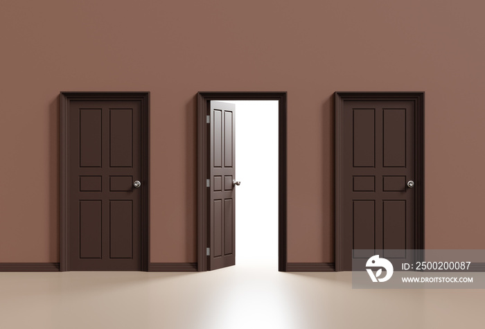 Three brown doors with central door open. minimal concept idea. 3d illustration.