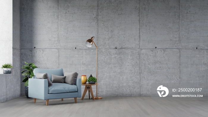 Interior of living room with wooden table, lamps and blue armchair have wall cement.3d rendering