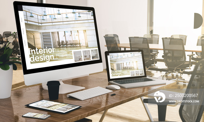 computer, laptop, tablet, and phone with interior design website at office mockup