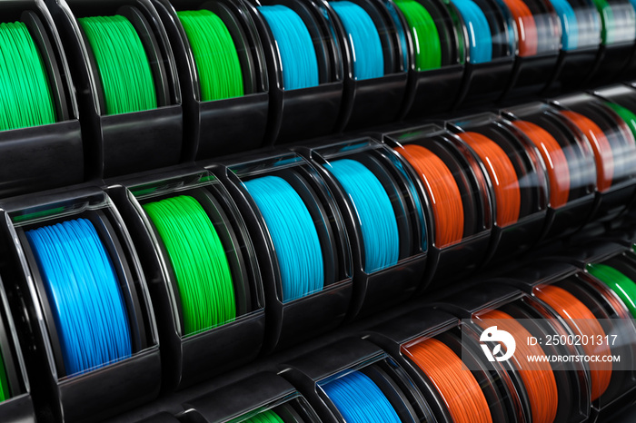 3d rendering the group various color of Polylactic Acid (PLA) filaments materials for 3d printing.
