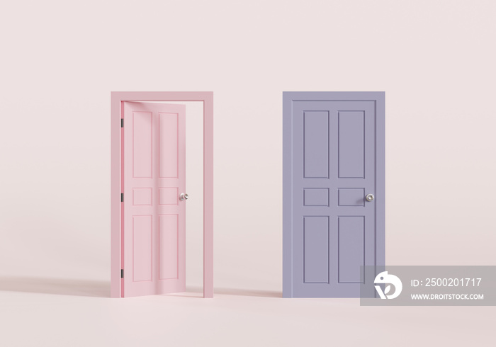 Colorful closed and open doors. minimal concept idea. 3d illustration.