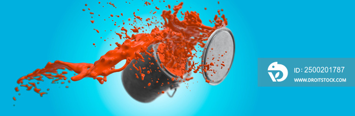 Orange paint flying out of a tine on a blue back ground 3d render