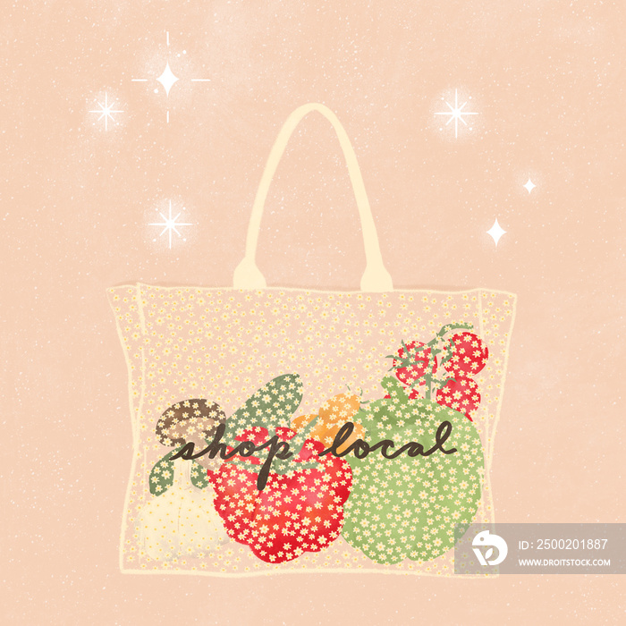 a tote bag full of healthy organic vegetables with text shop local