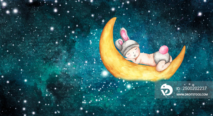 睡在月球上的可爱的小婴儿。睡在可爱的兔子。手绘和彩绘。水彩插图