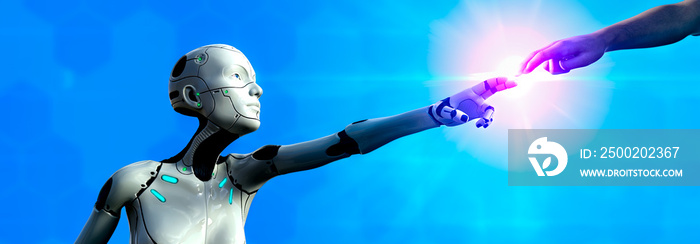 robot reaches up to touch a human hand igniting a spark and bright light. illustration blue tech bac