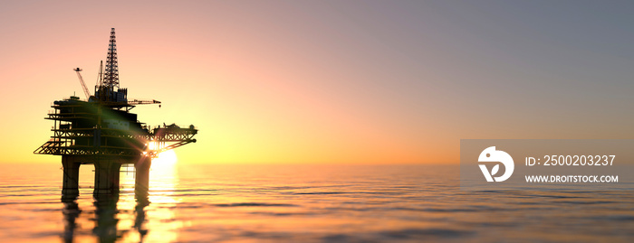 Large off shore oil rig platform in the ocean at sunset 3d render