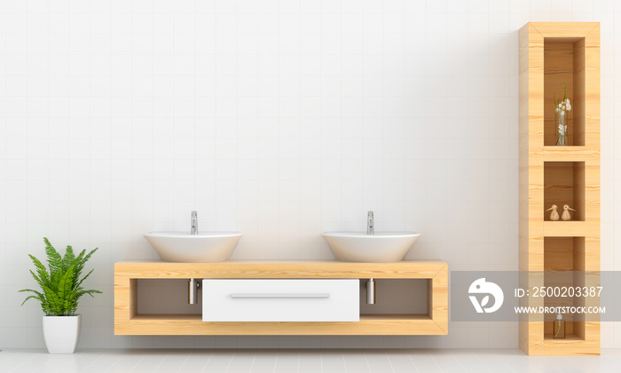 Basin on wooden shelf on wall, 3D rendering