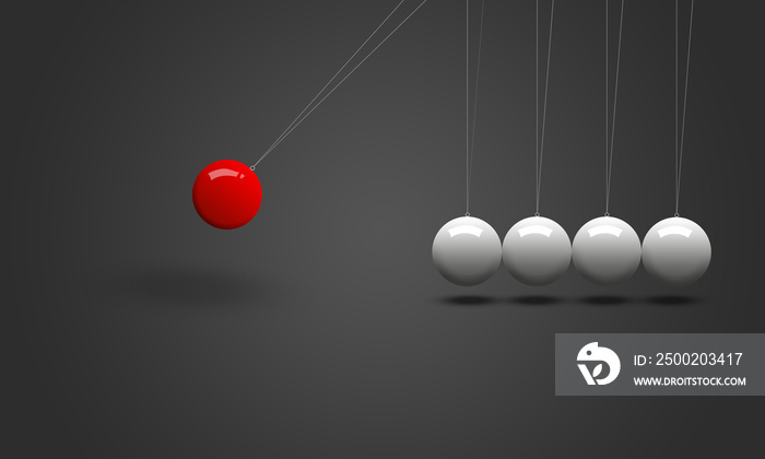 newtons cradle: moving red ball and stable  white balls on light grey background. newton science co