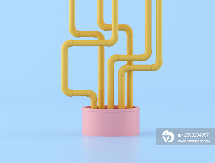 Messy of yellow water pipes come out from pink pipe,minimal, system idea, 3D rendering.