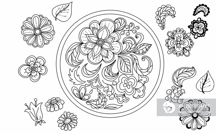 Flowers leavesgraphic illustration hand-drawn folk style composition in a circle Mandala pattern ori
