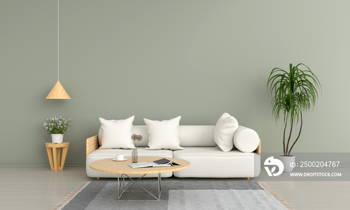 Sofa and wood round table in green living room,3D rendering