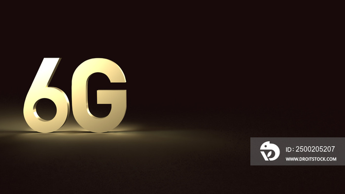 3d rendering 6g text gold surface glow in dark image for mobile technology content.