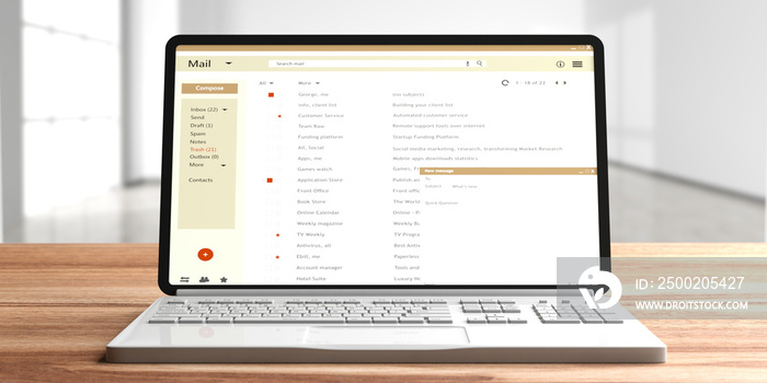 电脑笔记本电脑屏幕上的电子邮件列表，木制办公桌，空房间背景。3d插图