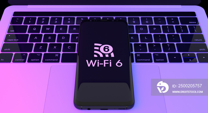 笔记本电脑背景智能手机上的Wi-Fi 6标志。Wi-Fi 6电信新一代网络