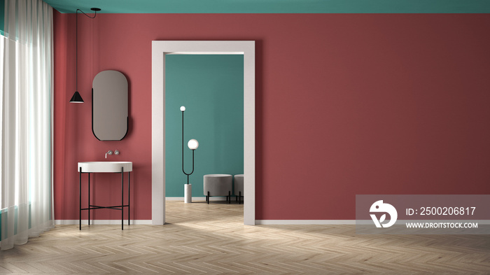 带石膏墙和镶木地板的极简主义浴室，带水槽和镜子的空房间，带门