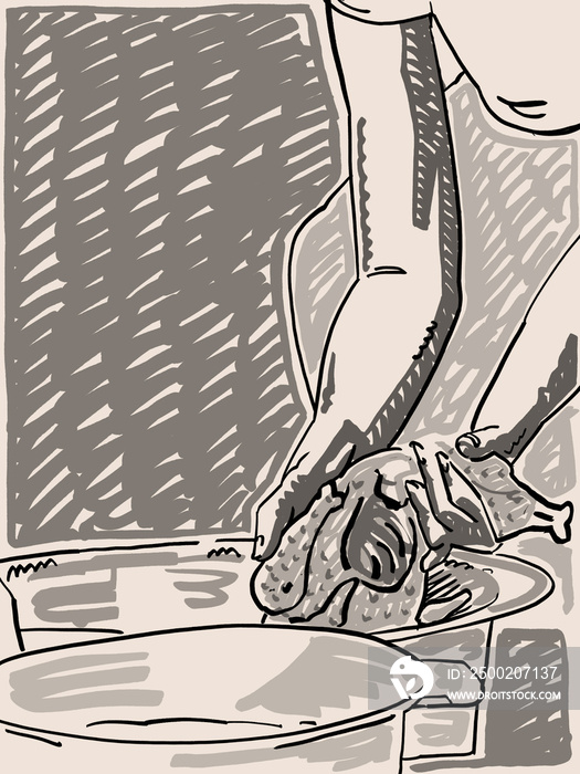 An Illustration of hands washing village chicken