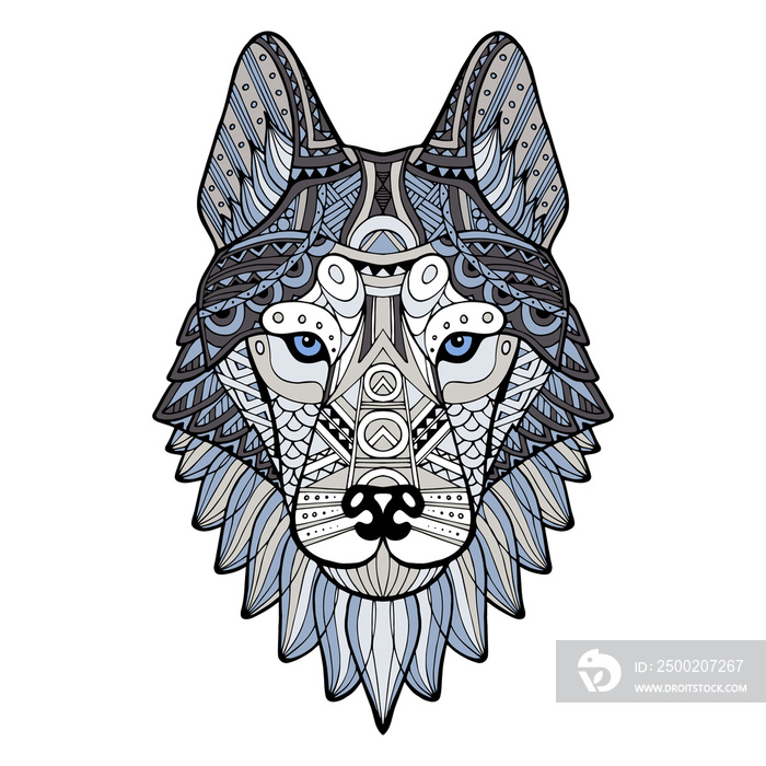 Patterned dog, wolf, husky head with blue gradient and black stroke on white isolated background. Ab