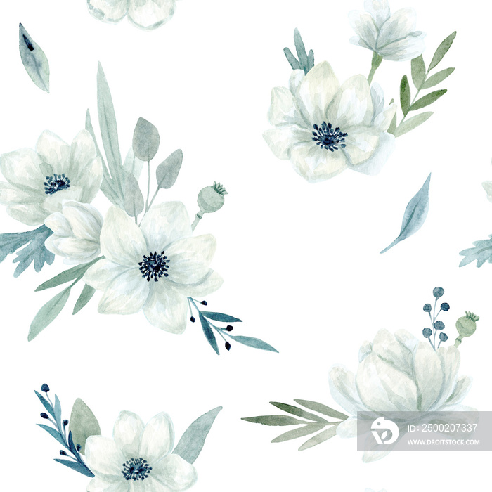 Seamless Pattern. Hand drawn watercolor Poppy flowered anemone. Hand drawn illustration.