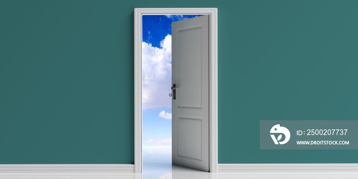 打开绿色墙壁背景上的门，从门口可以看到蓝天白云。3d插图