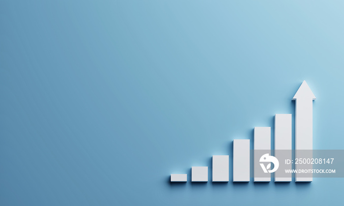 White rising bar chart on blue background with copy space. Business economic and money investment co