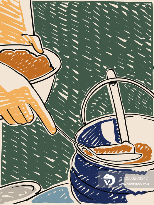 An Illustration of hands serving poitjiekos from pot