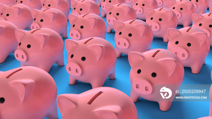 Crowd of pink piggy banks on a blue background. 3d render