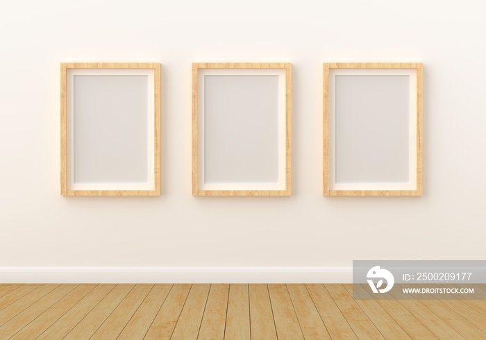 Three empty photo frame for mockup in modern living room, 3D render, 3D illustration