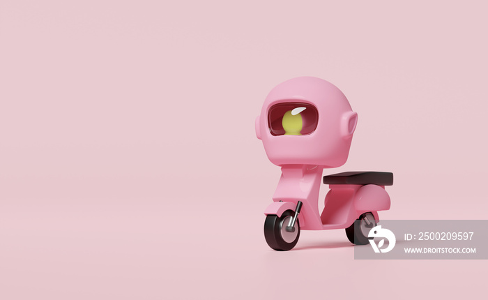 粉色背景上隔离摩托车图标的三维摩托车头盔。概念三维渲染图