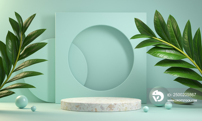 Empty Modern Minimal Display Stand With Tropic Branch Plant On Mint Abstract Background 3d Render