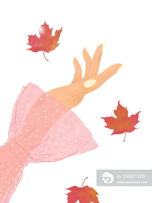 你好，秋天的手和枫叶在透明的背景上飘落着闪闪发光的星星