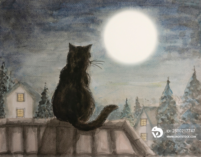 黑猫坐在屋顶上看满月