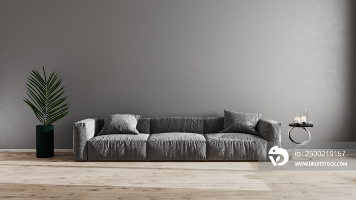 明亮的现代客厅，灰色沙发、绿色植物和木地板咖啡桌。Scandinav