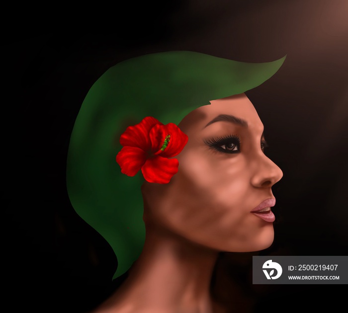 portrait of  beautiful woman  with a  red  flower