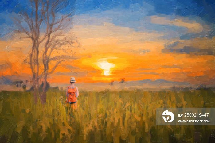 Oil painting - Woman on rice field and sky background at sunset time.