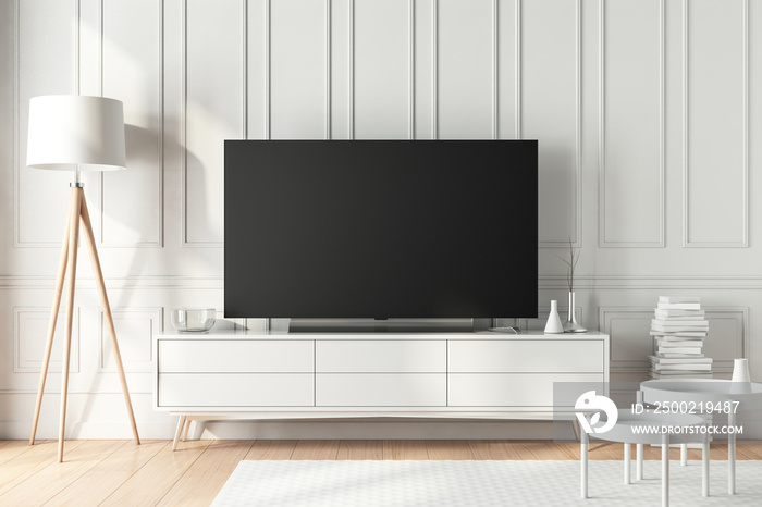 Large modern Smart Tv Mockup on white consоle in beautiful living room