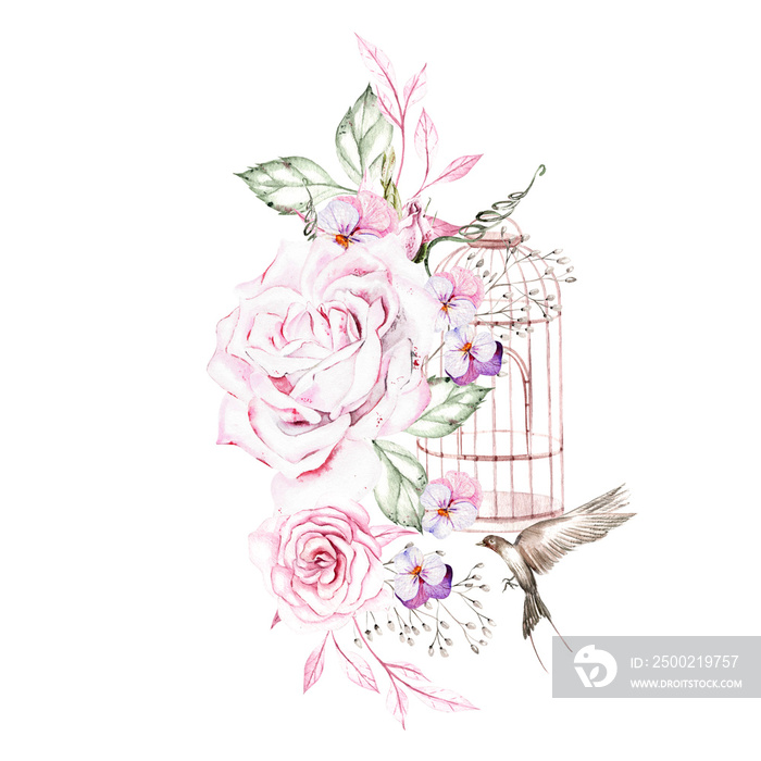 美丽的水彩花束，有鸟、花和鸟笼。插图