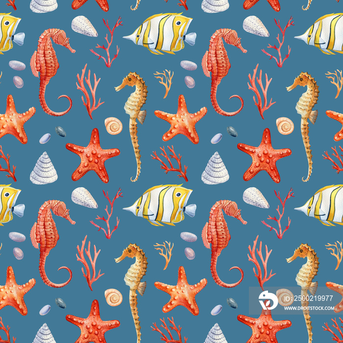 Seashells, seahorse and fish on an isolated background. Watercolor illustration, seamless pattern