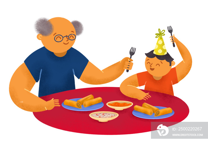 Filipino grandfather and grandson eating lumpia fried spring roll during a birthday
