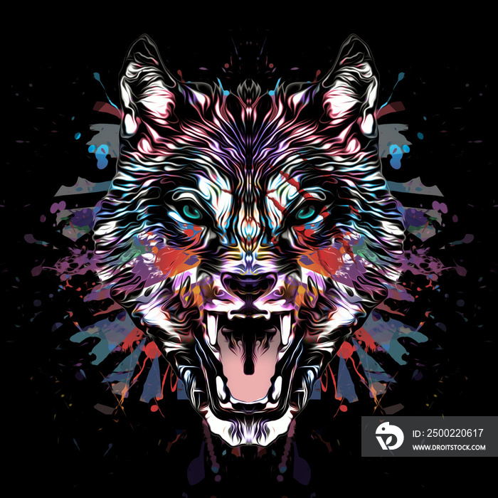 Wolf head with creative abstract colorful spots elements on white background